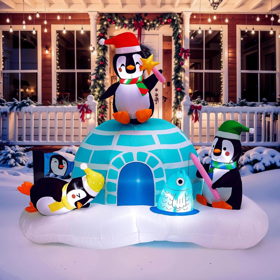 PRESENCE Inflatables Igloo LED Light Up Penguin Fishing, Christmas Blow Up for Garden Lawn Holiday