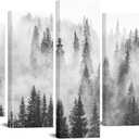 KREATIVE ARTS Black and White 5-Piece Foggy Forest Canvas Wall Art - Misty Mountain Pine Tree Landscape, Winter Nature Prints for Living Room, Bedroom, Office Decor (Large 60x32)