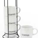 Signature Housewares Stackable Coffee Mug Tower Set with Metal Wire Rack - 15 Ounce Coffee Mugs for Coffee, Tea, Cocoa, Milk, Cappuccino, Hot Chocolate Set of 4 - White Coffee
