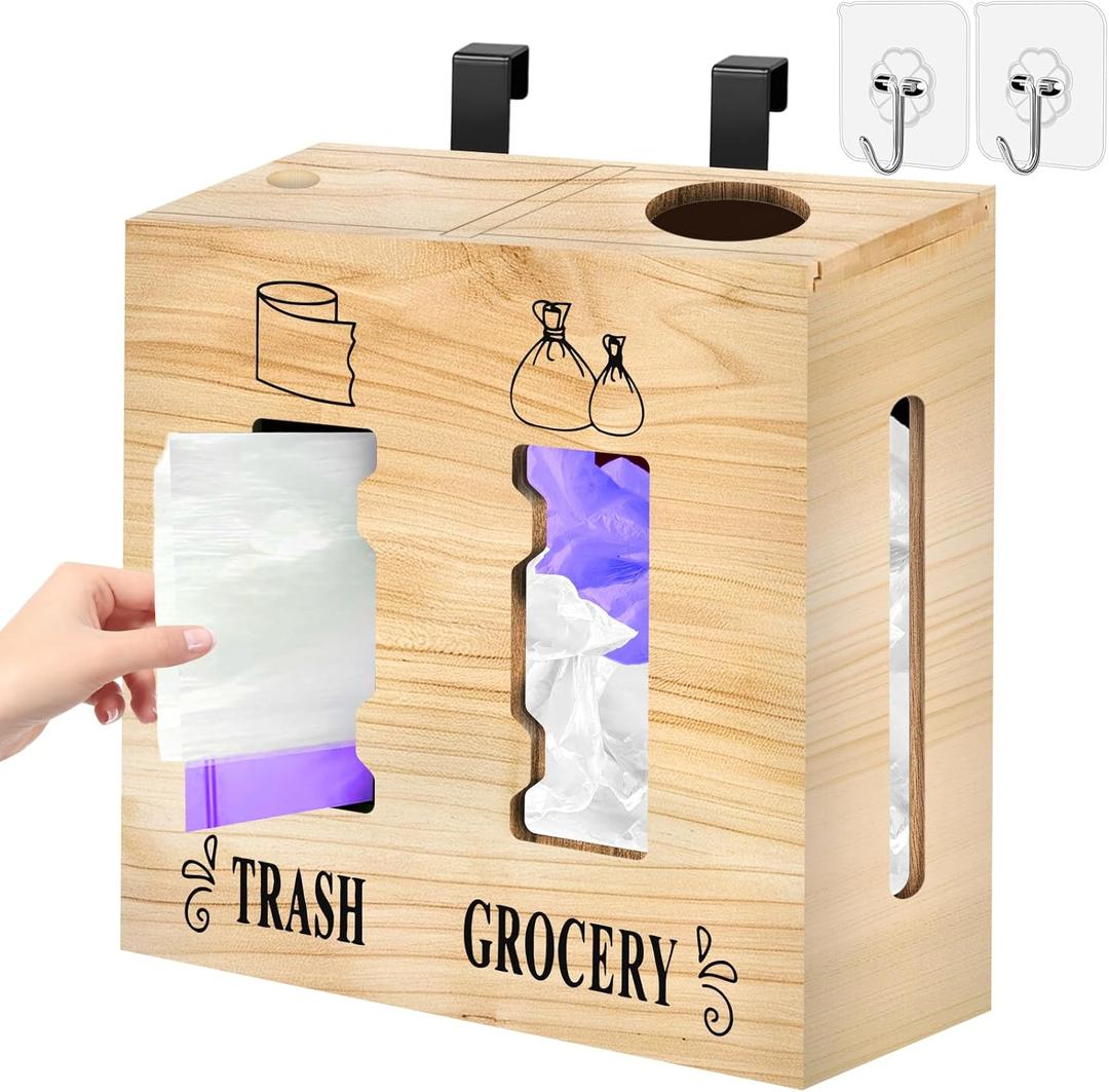 2 in 1 Trash Bag Dispenser and Grocery Bag Holder, Large Wooden Plastic Bag Holder, Wall Mount Trash Bags Holder for Grocery and Plastic Bags, Kitchen and Laundry Room Organization