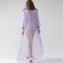 Women Long Mesh Nightgowns and Underpants Lace Babydoll Lingerie Sleepwear See Through Robe with Sleeve (Purple)