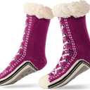 Ultra-Thick Cashmere Slipper Socks for Women - Non-Slip Warm Fuzzy Socks with Silicone Gripper, Fluffy Soft Cozy Socks for Indoor Home (Dark Purple)