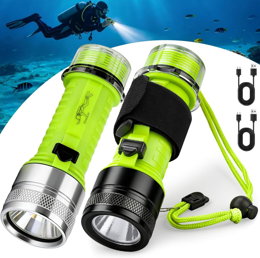 Diving Flashlight Underwater LED Light, 1500 Lumen & 3 Modes IPX8 Waterproof Flashlight, Rechargeable Torch Scuba Dive Light Water Lights for Night Diving Snorkeling Outdoor Sports (Black+Silver)