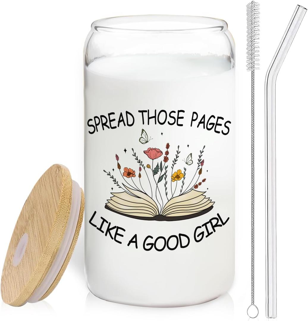 Floral Book Glass Cup with Lids and Straws 14oz, Book Lover Reader Bookworm Gifts, Spread Those Pages Like a Good Girl Glass Coffee Tumbler Drinking Jars with Cleaning Brush