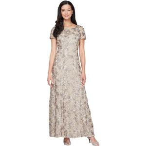 Alex Evenings Women's Long Rosette Mother of The Bride Dress with Short Sleeves (18, Champagne)