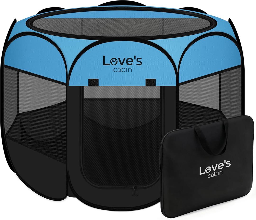 Love's cabin Pet Puppy Dog Playpen, Small Dog Tent Crates Cage Indoor/Outdoor, Portable Playpen for Cat, Foldable Pop Up Dog Kennel Playpen with Carring Case, Removable Zipper Top, Blue
