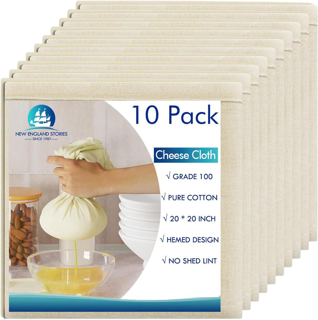 10 PCS Reusable Cheesecloth, Grade 100, 20x20 Inch Hemmed Cheese Cloth for Straining Craft, 100% Cotton Unbleached Cloth Strainer for Cooking, Baking, Juicing, Cheese Making