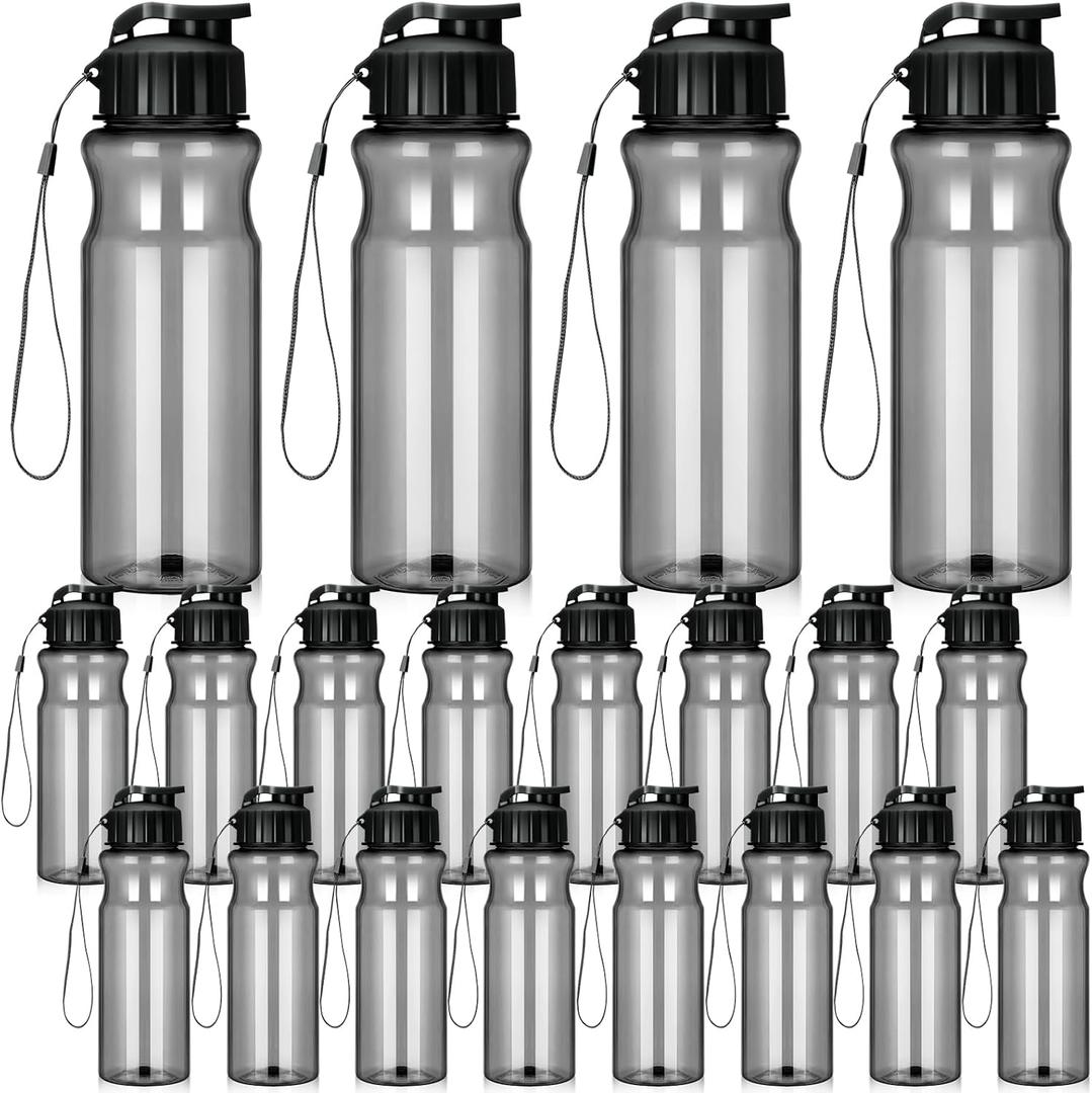 Tioncy 20 Pieces Plastic Water Bottles for Adults Bulk 17 oz Sport Drink Bottles with Handle Strap Lightweight Leakproof Drink Flip Top cups for Party Outdoor(Black,fresh style)