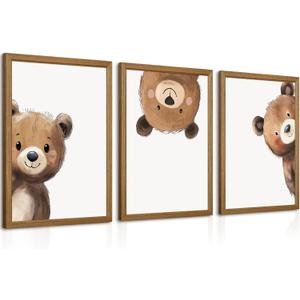 Bear Nursery Wall Art Decor Kids Canvas Poster Baby Boy Nursery Wall Decor Woodland Animal Pictures Teddy Peeking Bear Prints Cute Brown Painting Neutral Artwork Bedroom 16x24x3 Inch Wood Framed