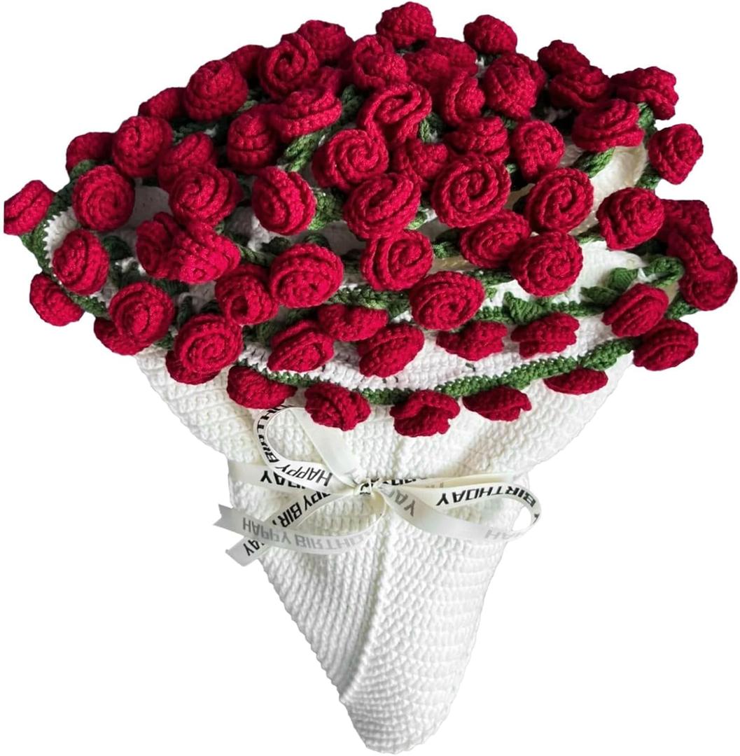 Finished Flower Bouquet Blanket, Crochet Rose Knitted Throw Blanket Crochet Flowers Romantic Gifts for Women Mom Sister Wife Home Decor (Red Rose, 23 inch)