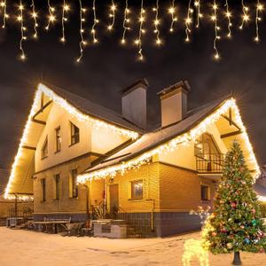 USOKYO Icicle Christmas Lights, 62FT Icicle String with 144 Drops, Outdoor Fairy Lights for Wedding Patio (Warm White) (720 LED)