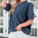 Dokotoo T Shirts for Women Striped Color Block Loose Fit Round Neck Womens Tops Fashion 2025 Oversized Tshirts for Women (Medium, Navy Blue)