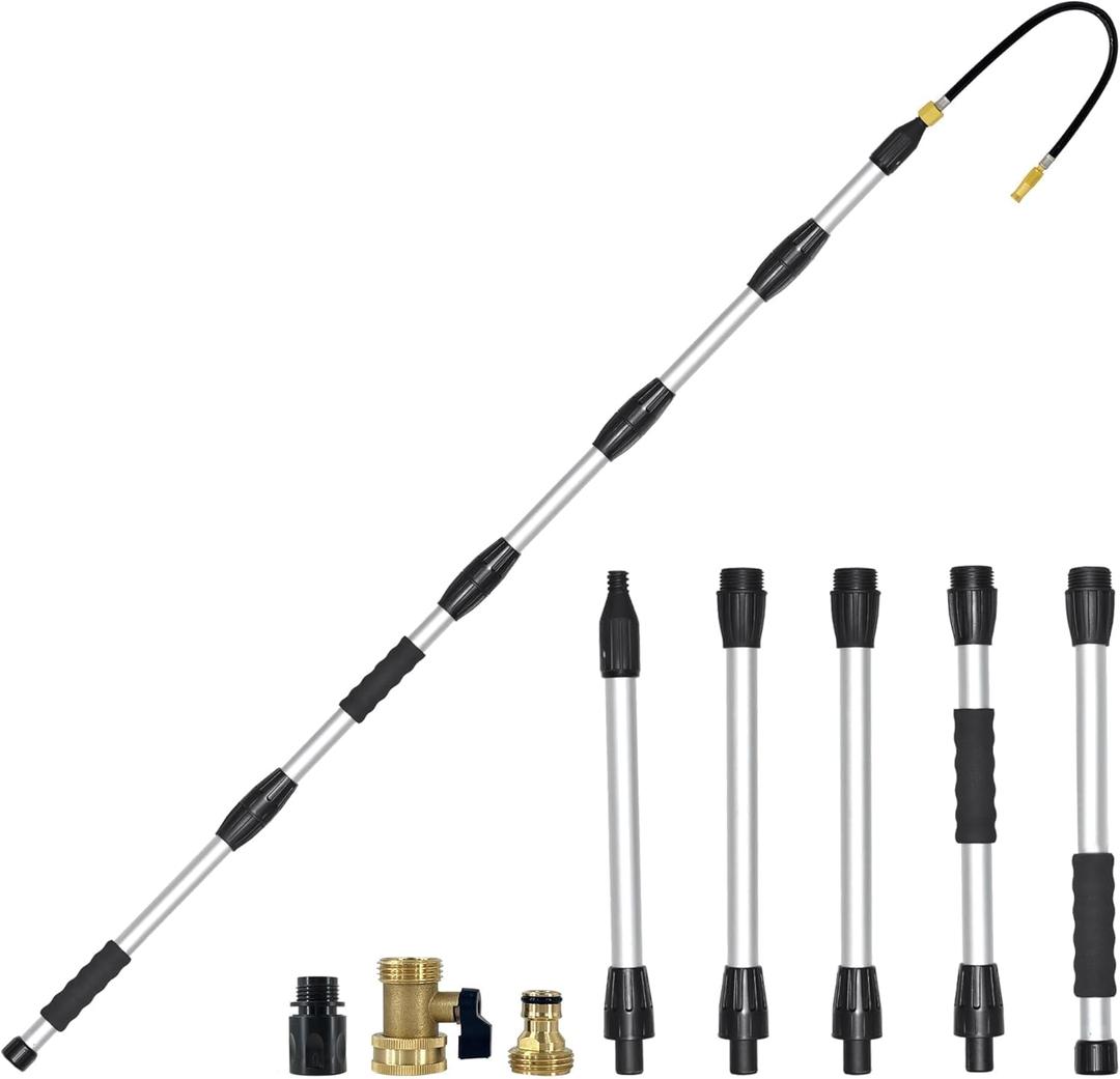Buyplus 24FT Reach Telescoping Gutter Cleaning Tools -16FT Rain Gutter Cleaner Tools From Ground with 3/4" Brass Garden Hose Shut Off Valve, Bendable Flexible Water Wand for Garden Hose, Window