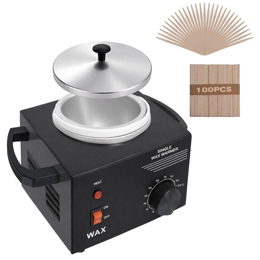 Electric Wax Warmer Machine for Body Hair Removal Hot SPA Aluminum Heater with Wooden Wax Sticks-Single Pot (Black) (16 Ounce)