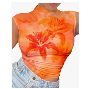 Women's Y2K Floral Graphic Ruched Tank Top Mock Neck Sleeveless Fitted Crop Tops,Orange, Large 