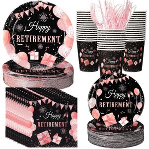 400 Pcs Happy Retirement Party Supplies Rose Gold Retirement Disposable Paper Plates Napkins and Cups for Men Women Say Goodbye Decorations (Pink)