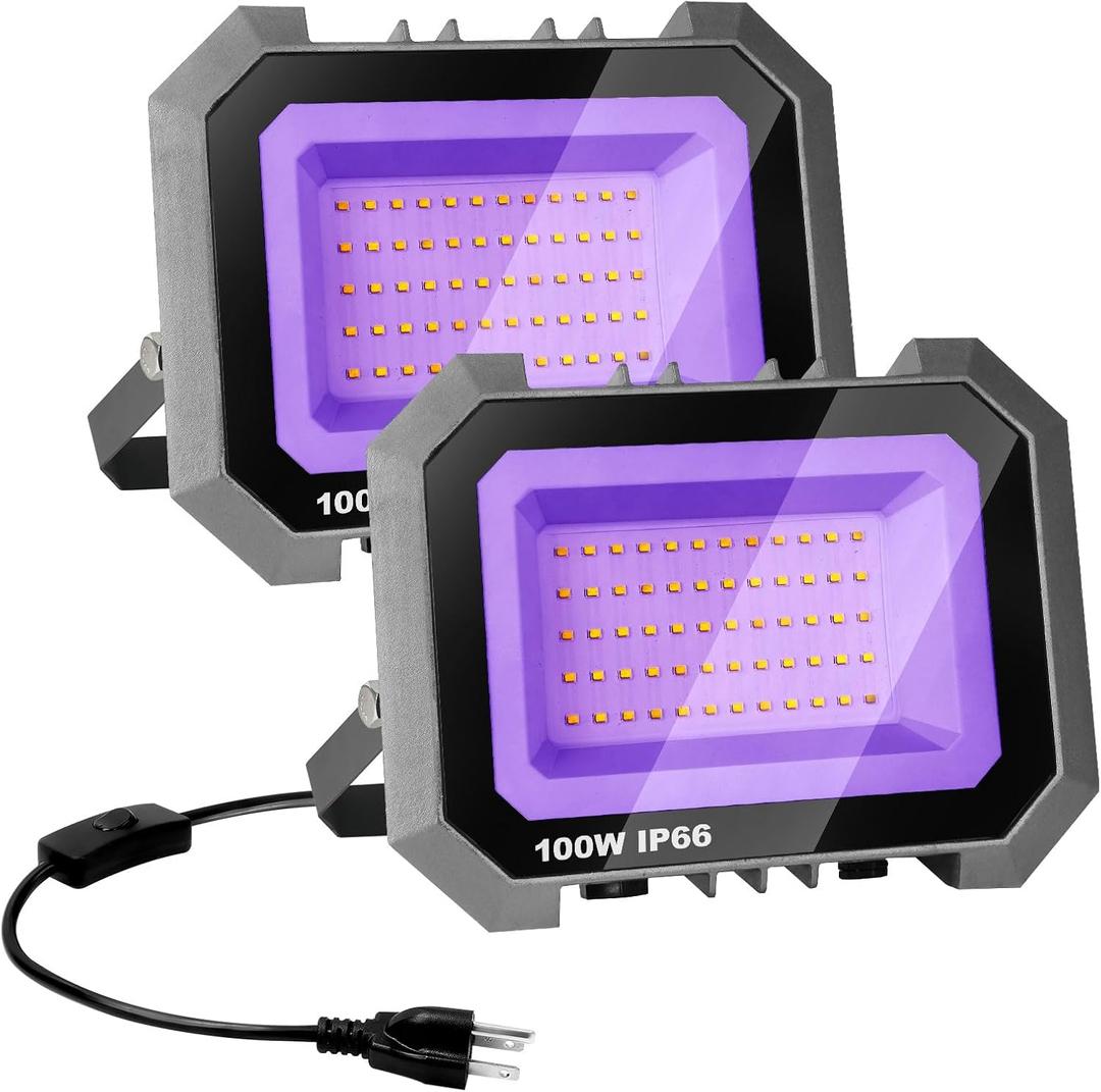 100W LED Black Lights 2 Pack, Blacklight Flood Light with On/Off Switch 6.7Ft Cord, IP65 Waterproof Outdoor Black Lights, Glow in The Dark, Halloween, Body Paint, Fluorescent Poster, Neon Glow