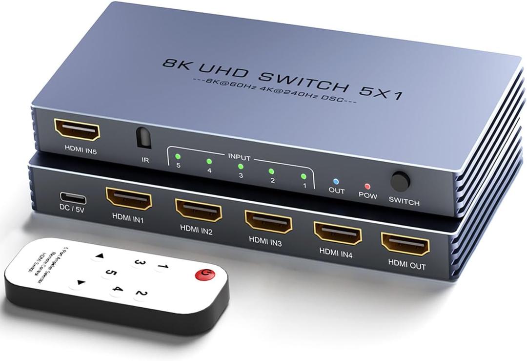 HDMI Splitter 4K 240Hz - New Upgrade 5 in 1 Out 8K@60Hz 4K@240Hz HDMI Switch with Remote Support 3D/HDR/HDCP2.3, Compatible with PS5/4 Xbox Nintendo Switch Roku Apple TV Fire Stick 8k HDMI2.1 Splitter