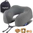 Napfun Neck Pillow for Traveling, Upgraded Travel Neck Pillow for Airplane 100% Pure Memory Foam Travel Pillow for Flight Headrest Sleep, Portable Plane Accessories, Dark Gray