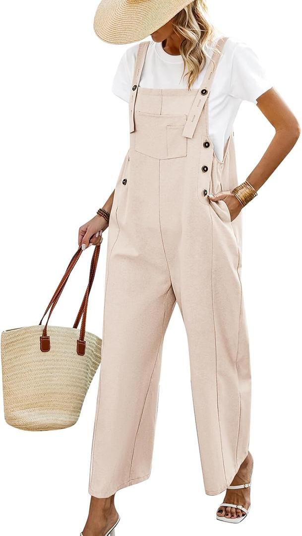PRETTYGARDEN Overall Jumpsuit For Women 2025 Summer Casual Wide Leg Sleeveless Button Striped Jumpsuits Trendy Outfits (M)