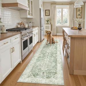 Madane Runner Rug 2x8, Washable Hallway Runner Rugs, Non-Slip Low-Pile Soft Kitchen Rug Runner Laundry Room Rug, Vintage Throw Entry Foyer Mat for Entrance Living Room (Green/Ivory, 2 x 8)