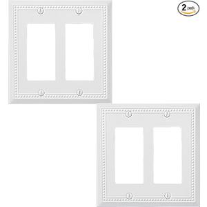 Double Decorator Light Switch Cover Belaire Beaded Metal Wall Plate, 2-Pack White 2 Gang Double Rocker, for Receptacle Dimmer GFCI Outlet Switch Cover Decorative Wallplate, Durable