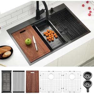 33x22 Drop In Double Bowl Kitchen Sink, Black Drop In Double Bowl Kitchen Sinks, Swift Horse 33 Inch 16 Gauge Topmount Black Stainless Steel 60/40 Dual Bowl Sink