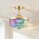 30" Retractable Crystal Ceiling Fan with Light, RGB Modern Fandelier 6 Speeds Reversible Blades Dimmable Remote App Control Memory Timer Gold