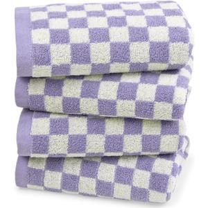 Hand Towel for Bathroom Guest Room Home - 100% Cotton Face Towel Set Lilac Checkered, Extra Soft, Absorbent 4-Piece for Daily Use
