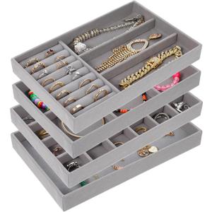 Set of 4 Stackable Velvet Jewelry Trays for Drawers,Grey Jewelry Drawer Inserts with Removable Dividers, Velvet Jewelry Container Display Case Storage for Earring Necklace Rings Bracelet