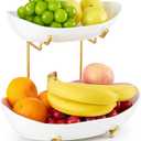 2 Tier Ceramic Fruit Bowl for Kitchen Counter, Tiered Fruit Basket for Countertop, Modern Multi Layer Fruit Display Stand for Party, Cute (Gold&White, Large)