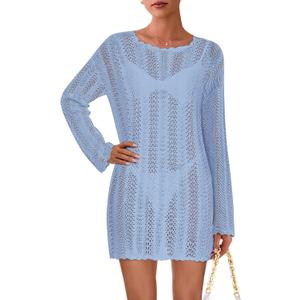 PRETTYGARDEN Women's Swimsuit Cover Up 2025 Summer Bathing Suit Swimwear Crochet Knit Dress Fashion Beach Vacation Clothes (Blue, S)