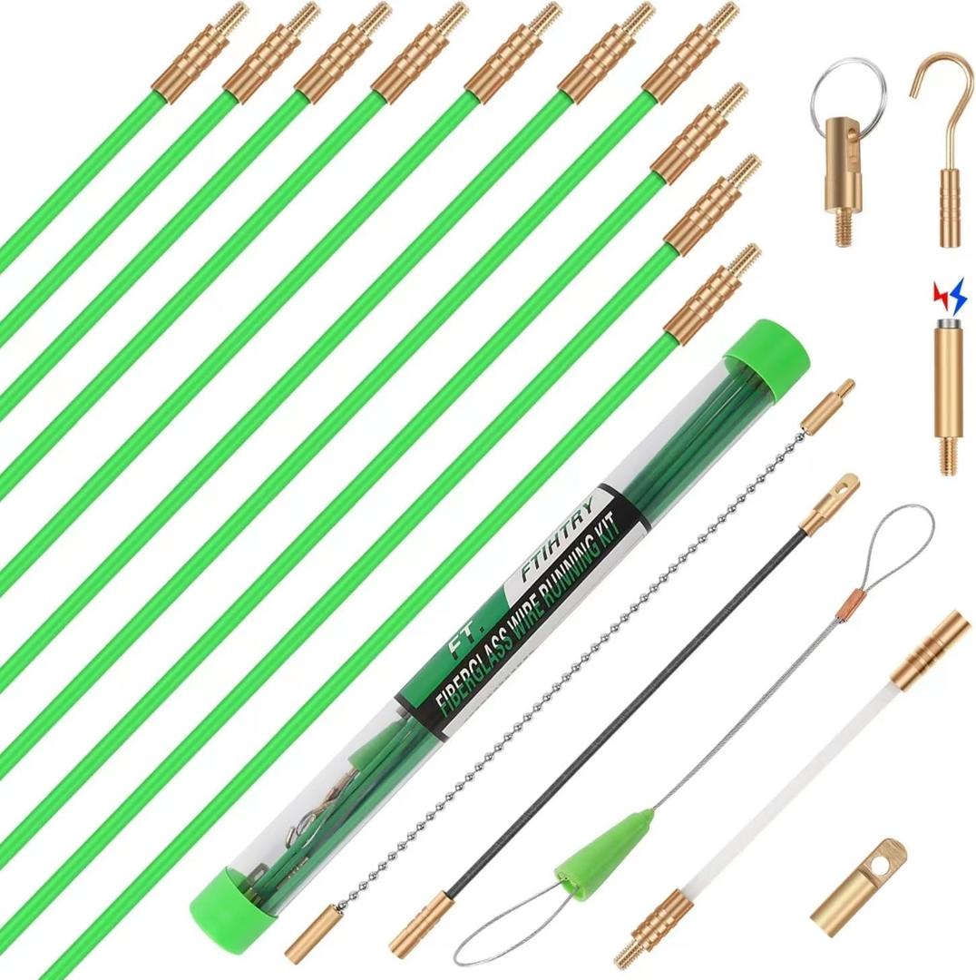 FTIHTRY 14FT Fiberglass Running Electrical Wire Glow Rods Wire Pulling with 8 Different Attachments, Fish Rods Electrical Kit and Fish Tape Wire Puller