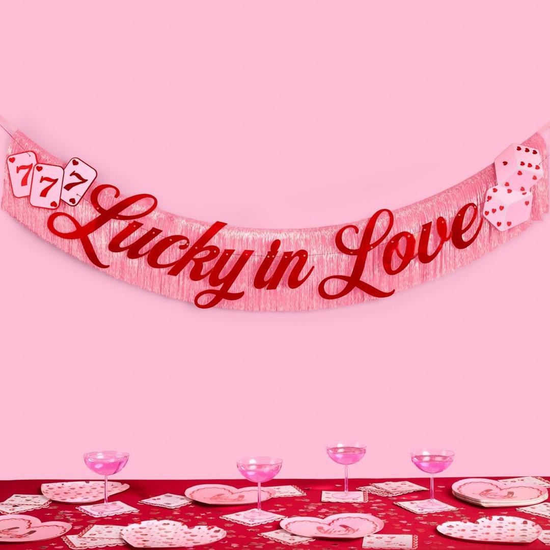 xo, Fetti Lucky in Love Fringe Banner - Red Foil & Pink Iridescent, 5 Ft. | Western Bachelorette Party Decoration, Vegas Sign, Casino Photoshoot Backdrop, Cute Cherry Decor