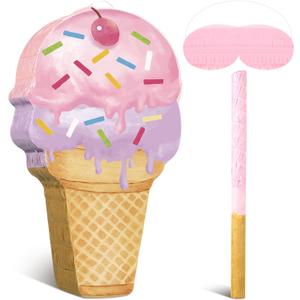 Capoda Ice Cream Piata 15.8" x 9.5" Pink Dessert Cone Shaped Piata with Stick Blindfold for Ice Cream Birthday Summer Baby Shower Wedding Party Supplies Decor