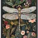 Framed Vintage Wall Art Dark Green Dragonfly Flowers Pictures For Aesthetic Room Decor-Retro Painting Canvas Prints Ready To Hang Farmhouse Bedroom Living Bathroom