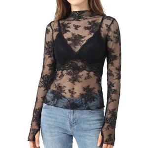2 x Women's Lace Tops Mesh Sheer Long Sleeve See Through Undershirt (Black, M)