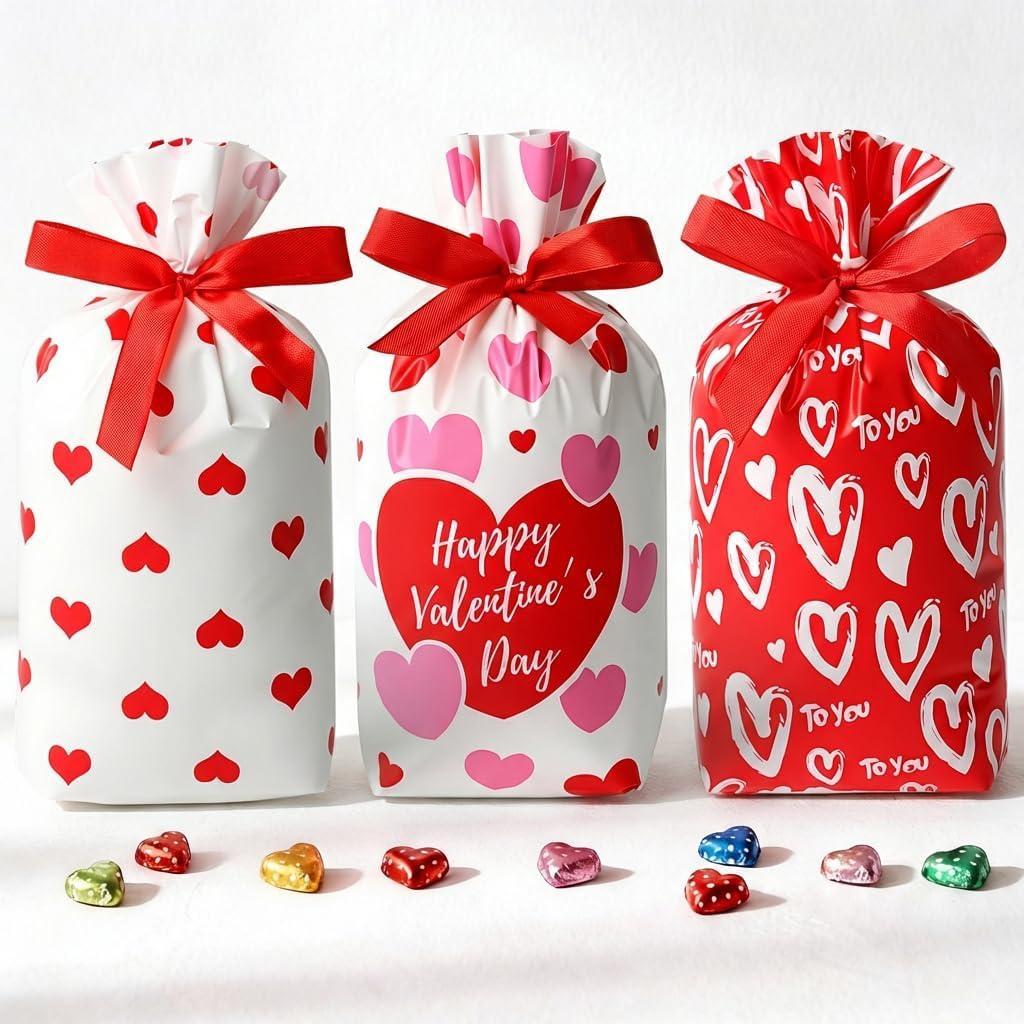JOINDO 50 PCS Valentines Goodies Bags for Kids Class, 6x9 inches fit treats and Small gifts, Ribbon Drawstring Fast Packaging & Easy Use, Stand up Bottom, Opaque, 3 Patterns