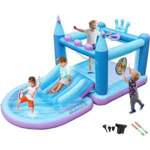 Outdoor Inflatable Water Park for Kids, PVC Water Slide Bounce House, Basketball Hoop, Ball Pit, Rings, Target Game, Jumping Castle with Blower, 133" L x 70" W x 65" H