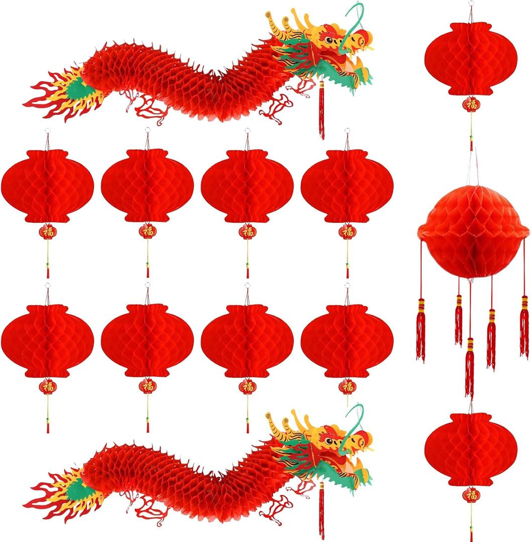 2PCS 3D New Year Dragon Garland Decoration with Ball & 10PCS Red Plastic Lanterns Chinese New Year Decoration Home Ceiling Hanging Ornaments (13pcs)