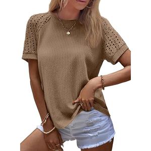 SHEWIN Women's Waffle Knit Tops Casual Crew Neck Hollow Out Raglan Short Sleeve Summer T-Shirts Blouses Smoke Gray S