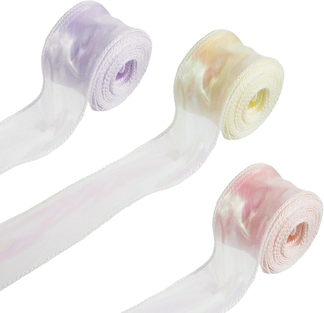 3 Rolls Iridescent Organza Ribbon Sheer, 1.57" Wide Iridescent Chiffon Ribbons, Easter Craft Decorative Ribbon, Colored Clear Chiffon Tulle for Flowers Gift Wrapping Wedding Invitations