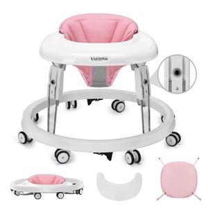 One-Touch Folding Baby Walker, Anti-Roll 8-Wheel Round Chassis, 7-Speed Height Adjustment, with Large Dinner Plate and Brake, 6-18 Months Baby Walker, Pink.
