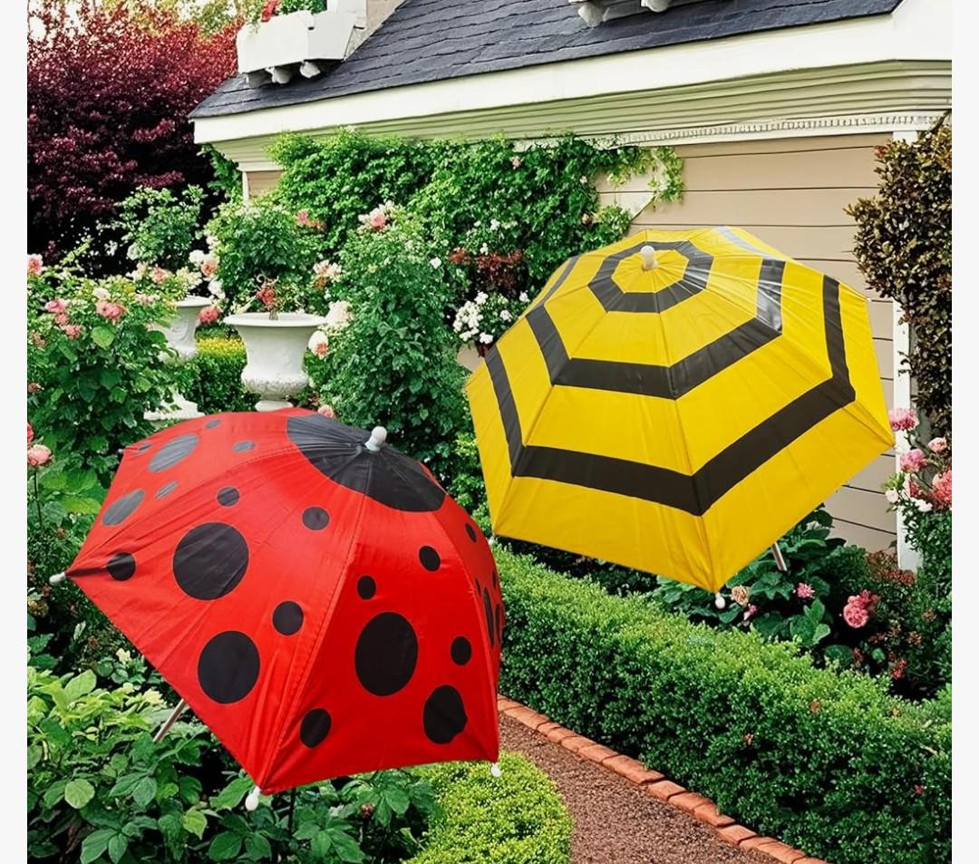 2 Pack Plant Umbrellas for Outdoor Plants-Adjustable Garden Shade Tent,26" Garden Umbrella for Potted Plants Bed Flowers(Ladybug, Striped Yellow)