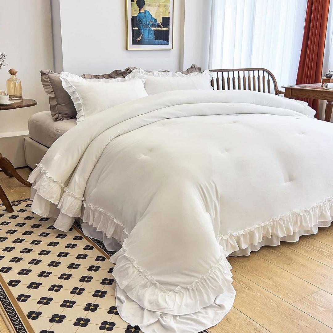 AIKASY White Comforters Twin Size Set, Vintage Boho Chic Farmhouse Bedding Sets Shabby Ruffle Queen Bed Comforter Bedding 3PCS1 Comforter and 2 Pillowcases
