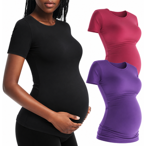 3 Pack Women's Short Sleeve Maternity T-Shirts, Yoga Summer Casual Crew Neck Pregnancy Tees Mama Tunic Tops Blouse, Small (Violet, Pink, Black)