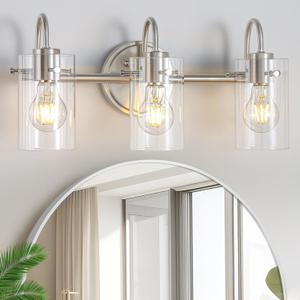 3 Lights Vanity Light Fixture, Brushed Nickel Bathroom Wall Sconces, Modern Wall Light with Clear Glass Shade, Farmhouse Wall Mount Porch Wall Lamp for Mirror, Kitchen, Living Room, Workshop