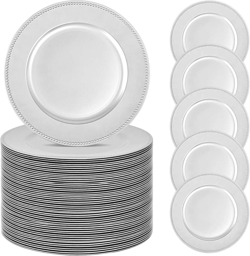 50 Silver Charger Plates Bulk, 13" Round Beaded Decorative Dinner Chargers for Wedding, Holiday, Baby Shower, Event Decoration (Silver)