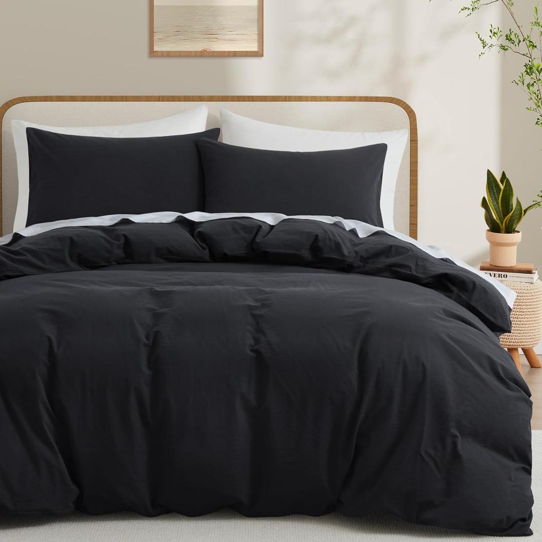 Black Duvet Cover Full Size, 100% Washed Cotton Linen Like Bedding Set with Zipper Closure (No Comforter), 80x90 Inches