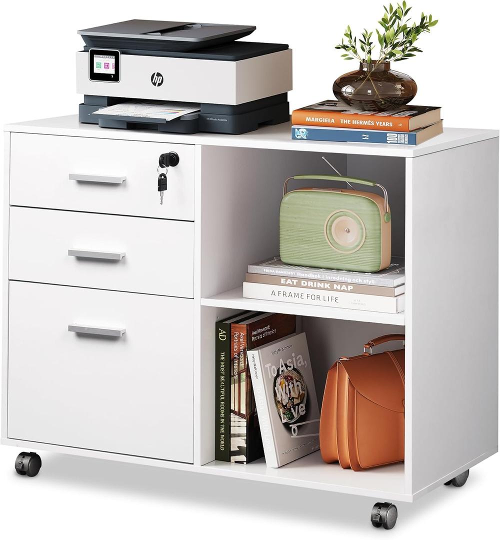 DEVAISE 3-Drawer Wood File Cabinet with Lock, Mobile Lateral Filing Cabinet, Printer Stand with Open Storage Shelves for Home Office, White